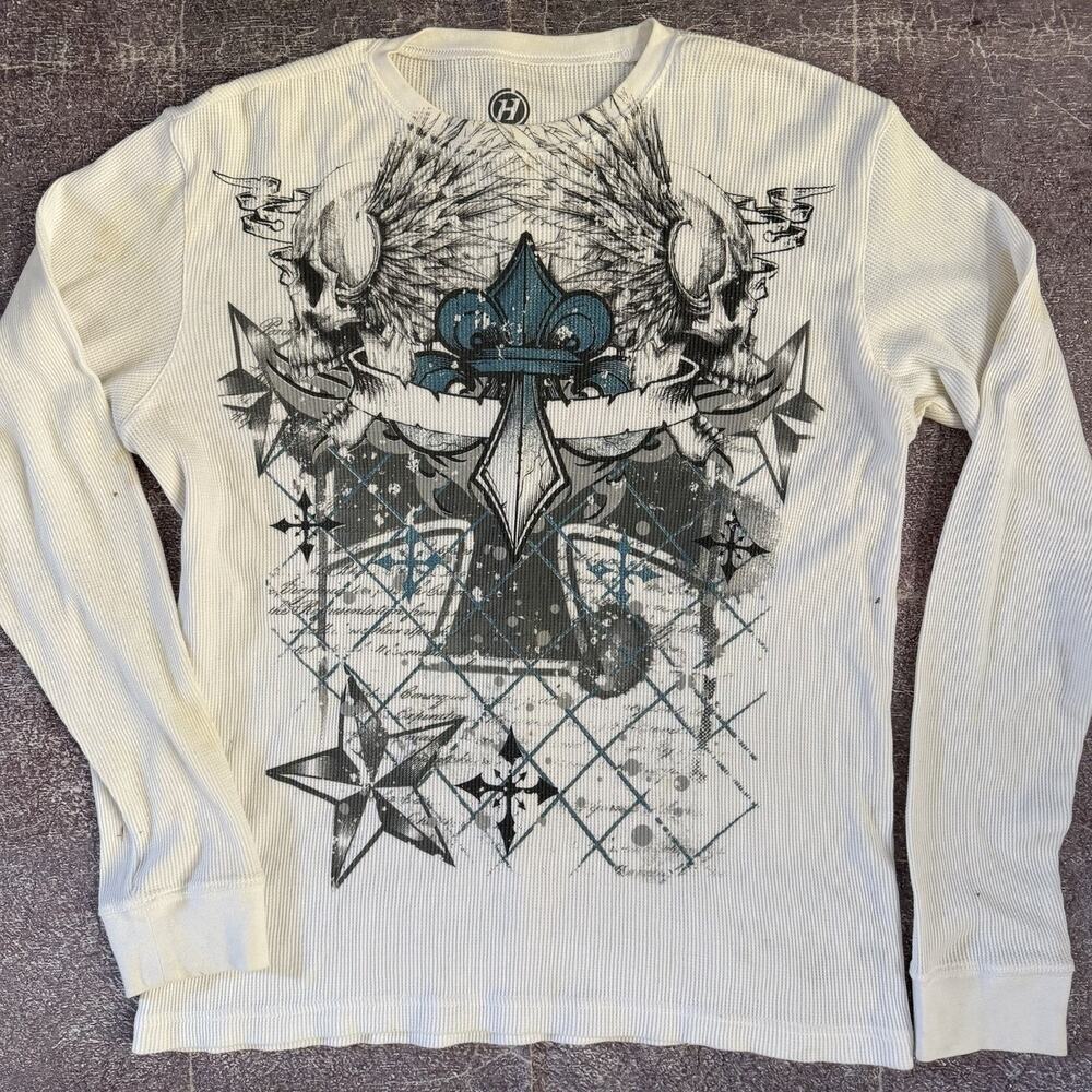 Mens Y2K Hybrid Skull Cross Thermal Waffle All Over Print Long Sleeve Shirt Sz L